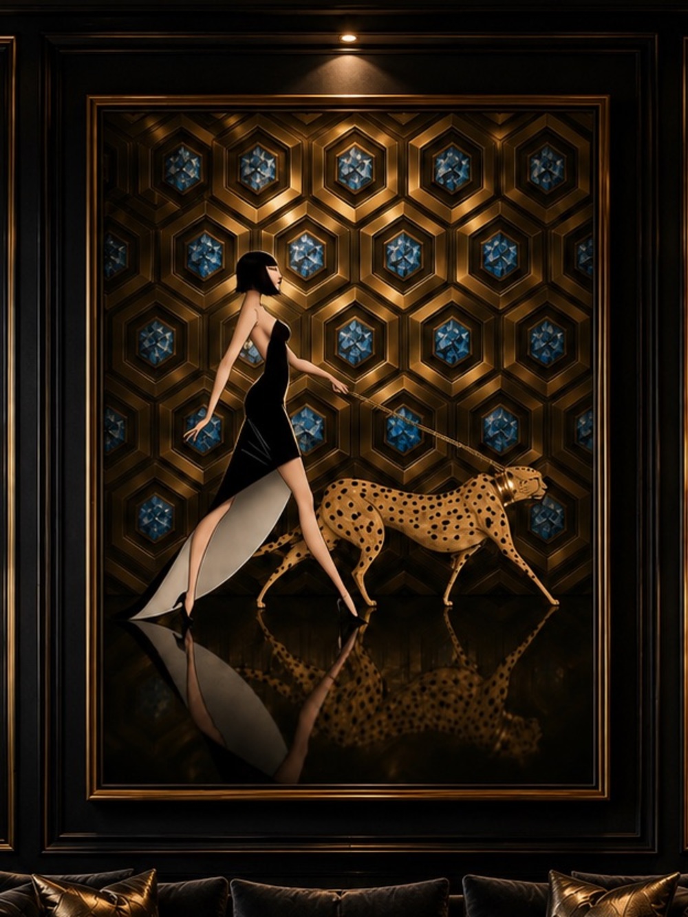 The Blue Hour™ Art Deco Woman Cheetah Wall Art Black Gold Blue Luxury Print